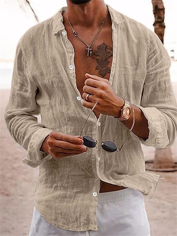 Cotton Hemp New Men's Long Sleeve Shirt Solid Color Lapel Casual Style Shirt