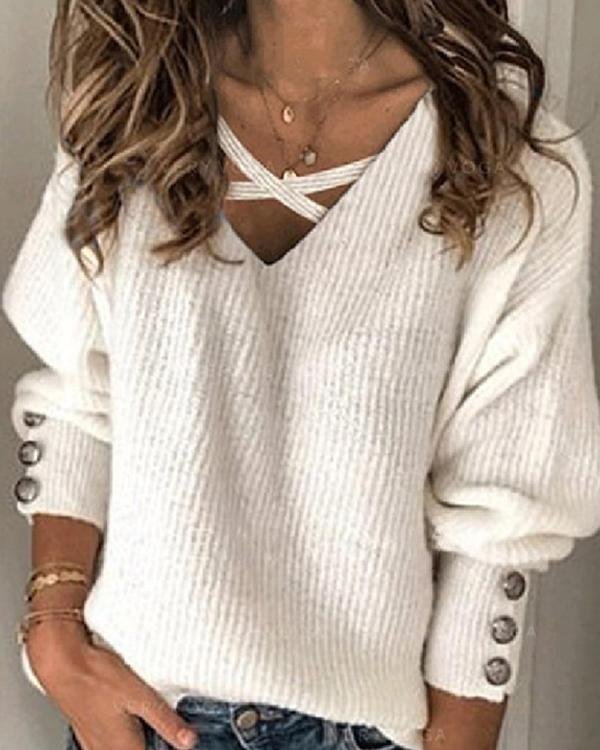 Casual V-neck Solid Color Sweater - Chicaggo