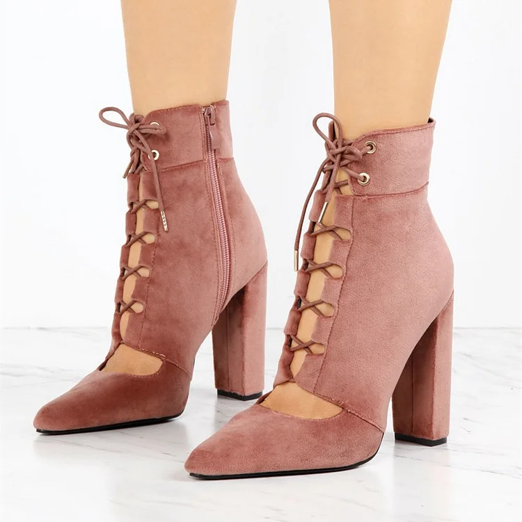 Brick Red Retro Chunky Heel Lace-up Ankle Boots Vdcoo