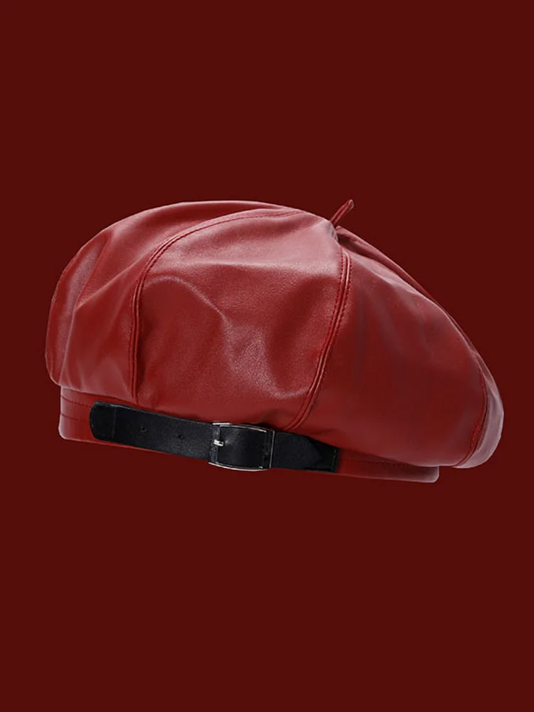 Original Contrast Color PU Leather Beret Hat