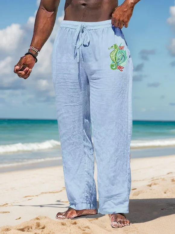 Suitmens Men's Colorful seahorse pattern Cotton And Linen Trousers