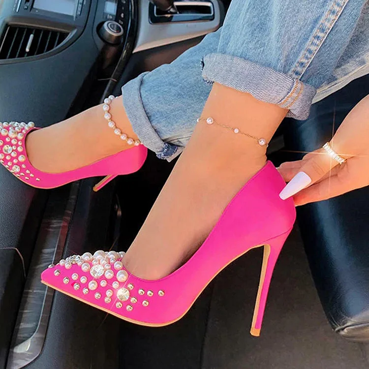 Pink Evening Stiletto Heels Pointed Toe Studded and Pearl Pumps Shoes |FSJ Shoes