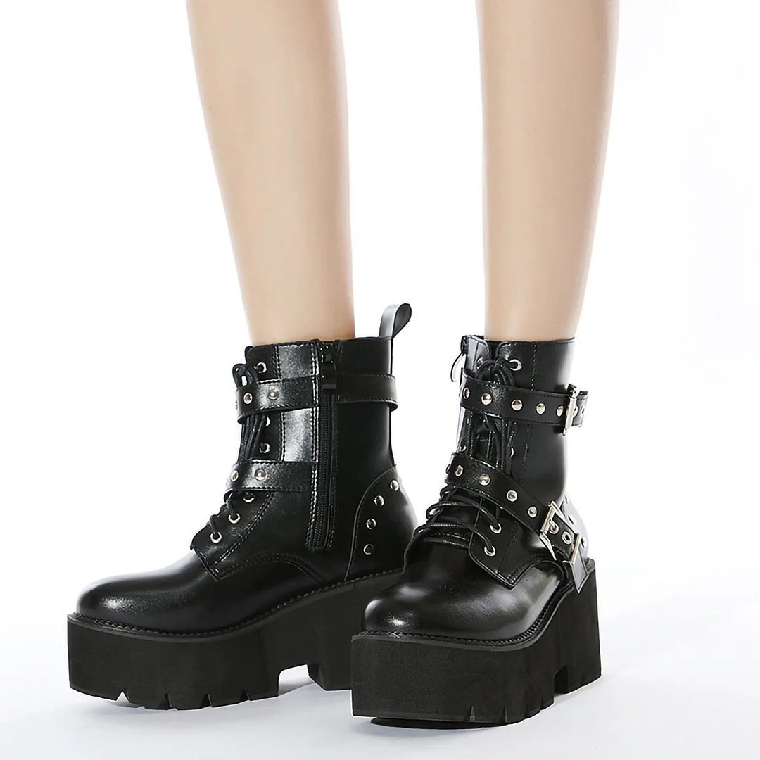 Letclo™ New Thick-soled Thick High-heeled Fashion Punk Style Front Lace-up Metal Square Buckle Short Boots letclo Letclo