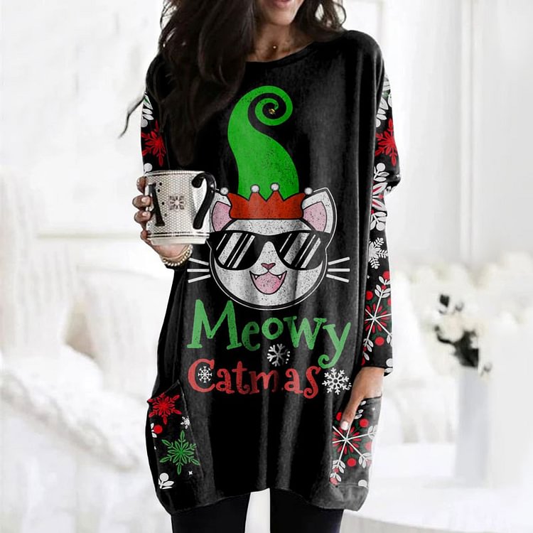 Vefave Casual Meowy Catmas Print Tunic