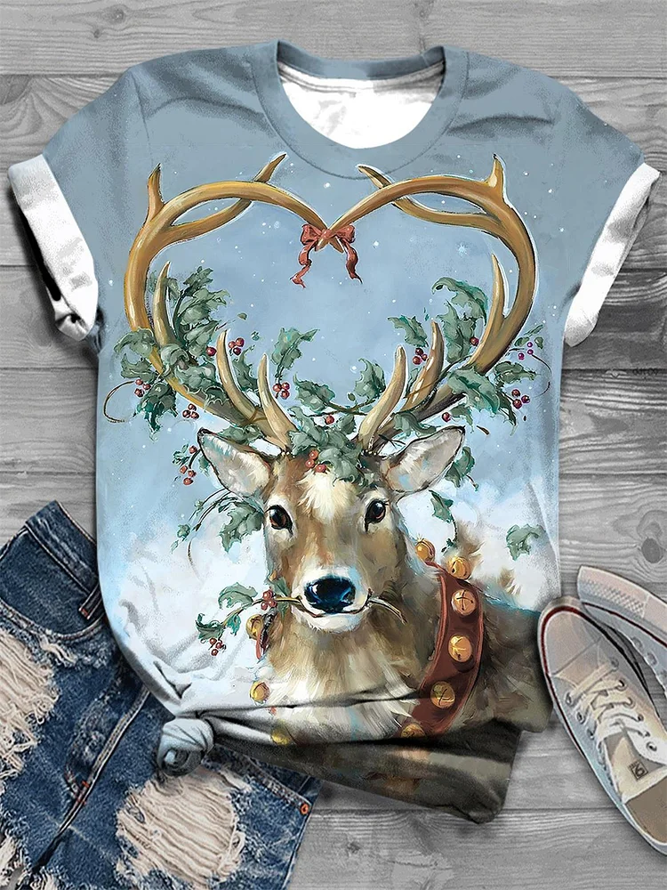 Santa's Reindeer print round neck T-shirt