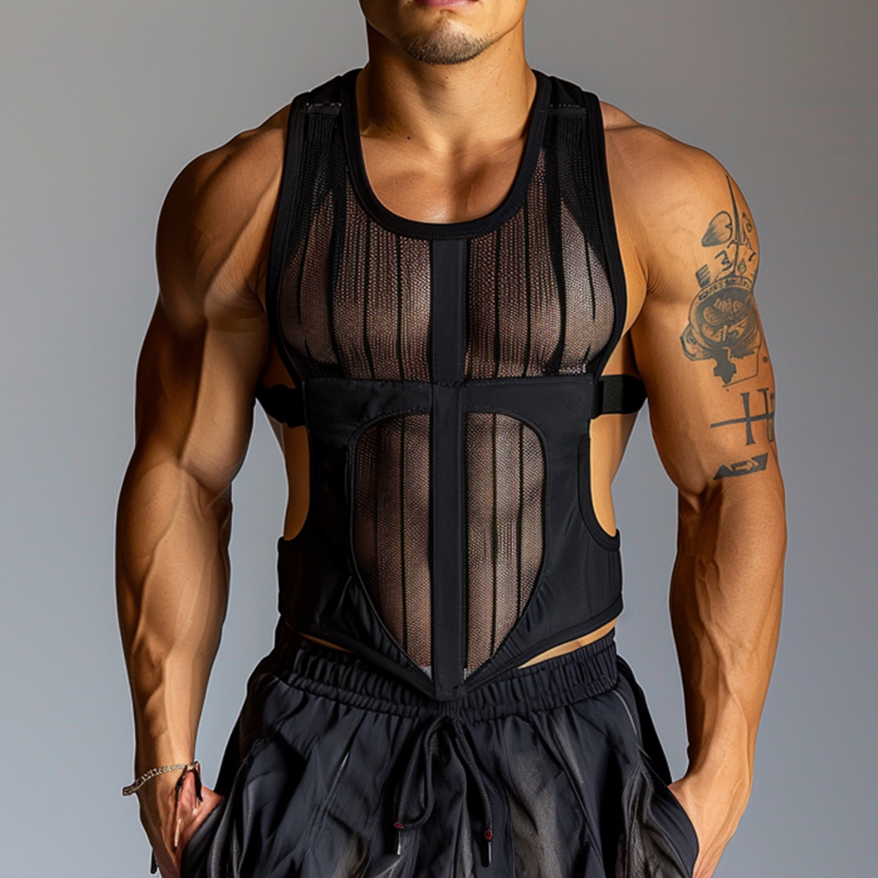 Men's Transparent Vertical Mesh Fitness Sleeve Tank Top / TECHWEAR CLUB / Techwear