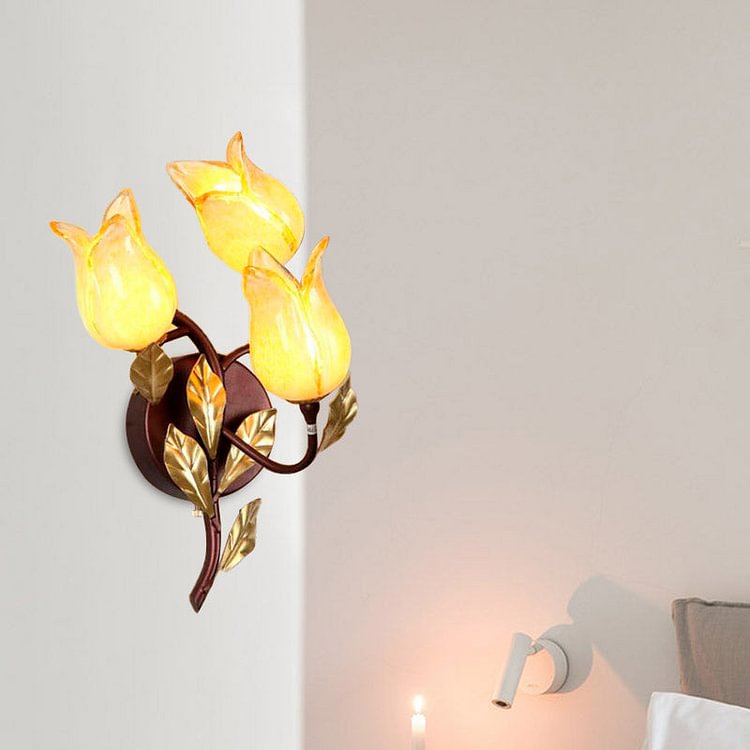 American Garden Tulip Wall Lamp 3 Heads Metal LED Wall Sconce Light in Brass for Bedroom