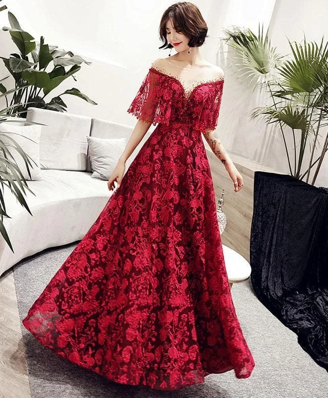 Burgundy Tulle Lace Long Prom Dress, Burgundy Lace Evening Dress
