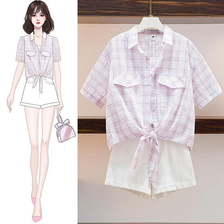 Plaid Blouse+Solid Color Shorts P13907