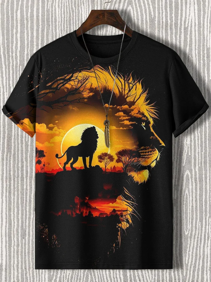 Men's Wild Lion Sunrise Art Print Casual T-Shirt