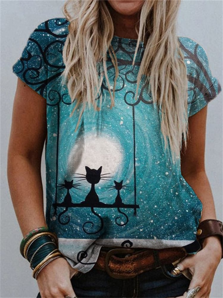 Comstylish Cats In Snowy Night Graphic T Shirt