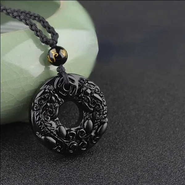 Natural Black Obsidian Pixi Peace Buckle Fortune Pendant Necklace