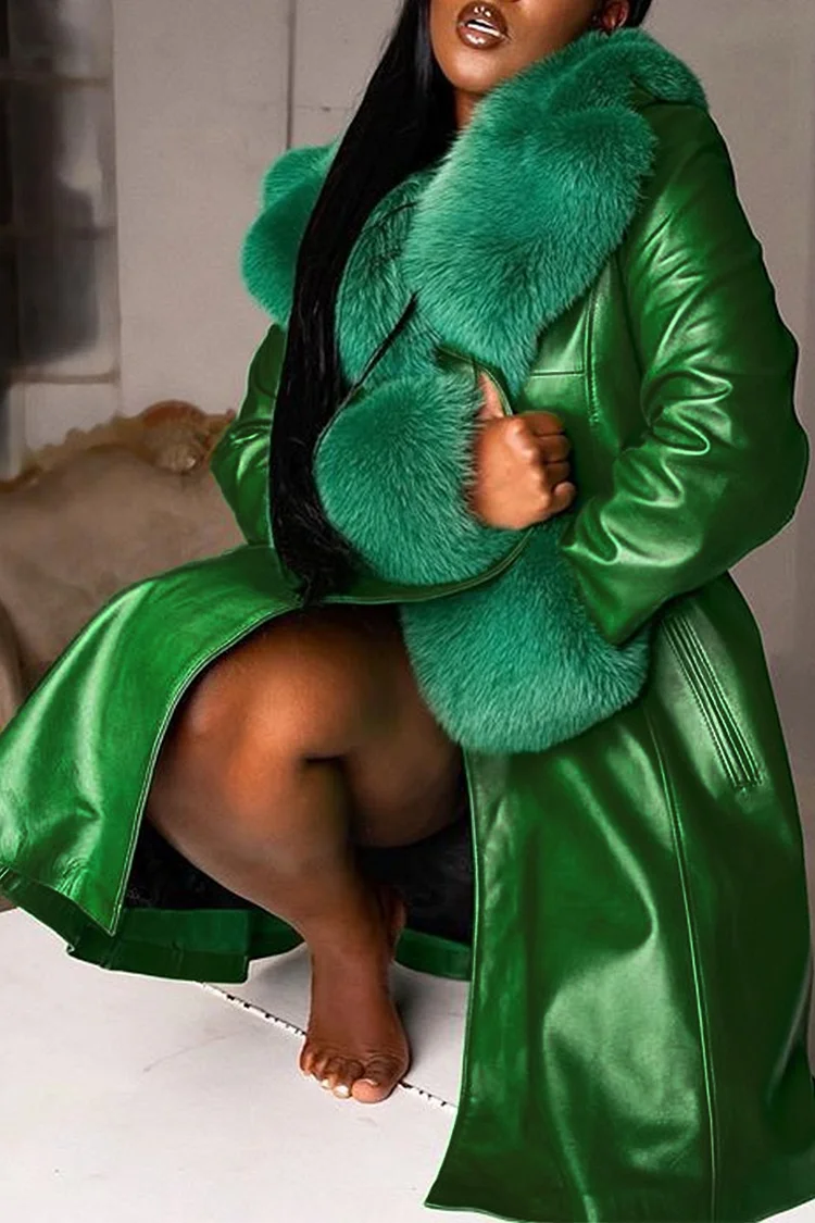 Plus Size Daily Emerald Green Turndown Collar Faux Fur Patchwork With Button Long Sleeve PU Leather Winter Ankle Length Outerwear Coat