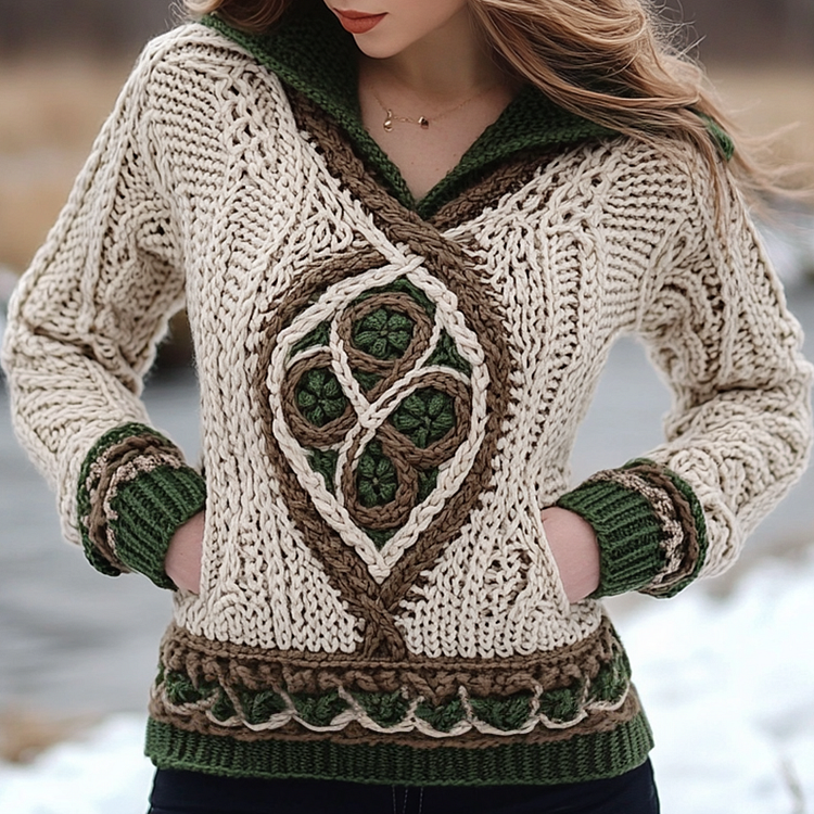 Women's Irish Celtic Knotted Jacquard Pocket Ireland's Hooded Sweater
