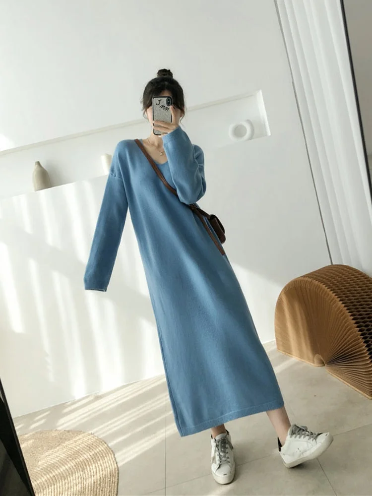 Elegant V-neck Contrasted Color Vertical Striped Mid-length Straight Knitted Dress