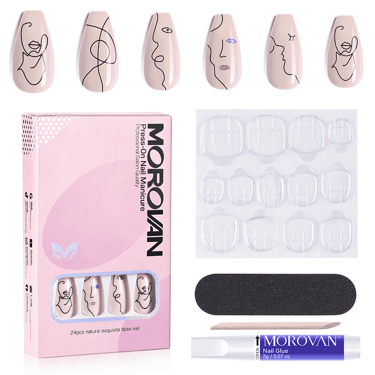 24PCS Fake Nails 14 Sizes Medium Nude Abstract Style Press On Nails Kit