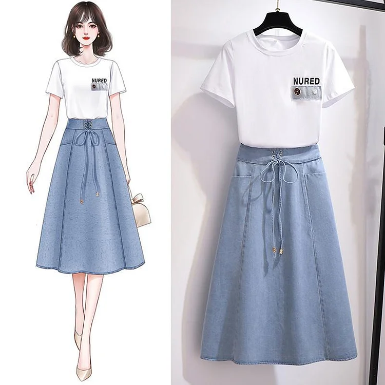 Classic Round Collar Tee+Denim Skirt P10850