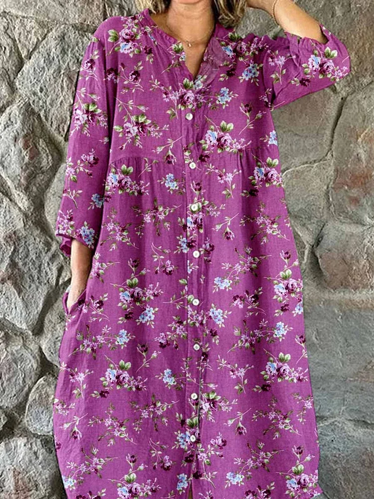 Women's Elegant Simple Floral Pattern Shirt Style Dress socialshop