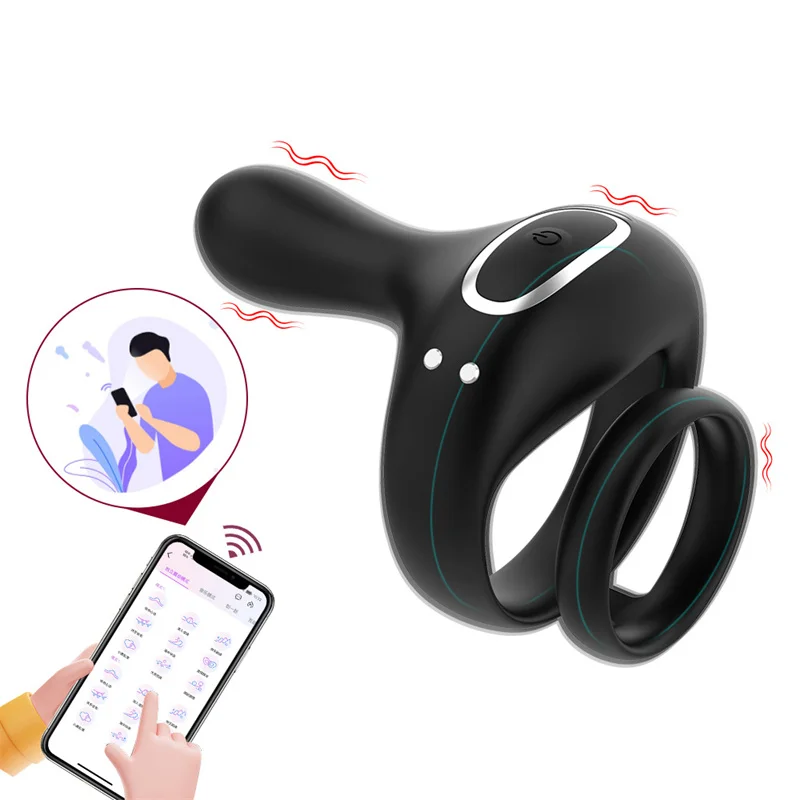 App Remote Control Dual Cock Penis Rings Delay Ejaculation Penis Vibrator - Rose Toy