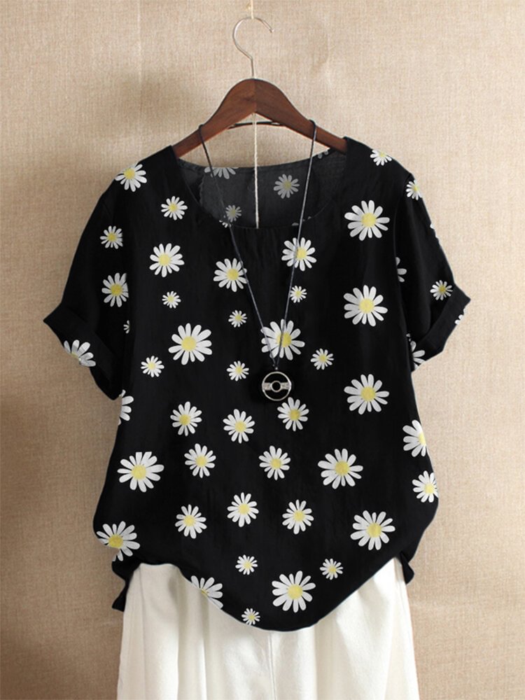 Floral Daisy Print Short Sleeve O Neck T shirt P1655389