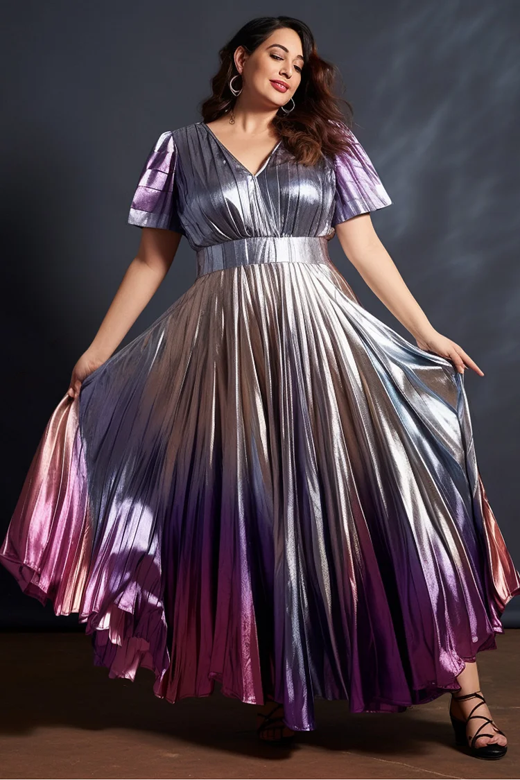 Xpluswear Design Plus Size Semi Formal Elegant Purple Gradient V Neck Short Sleeve Pleated Metallic Maxi Dresses