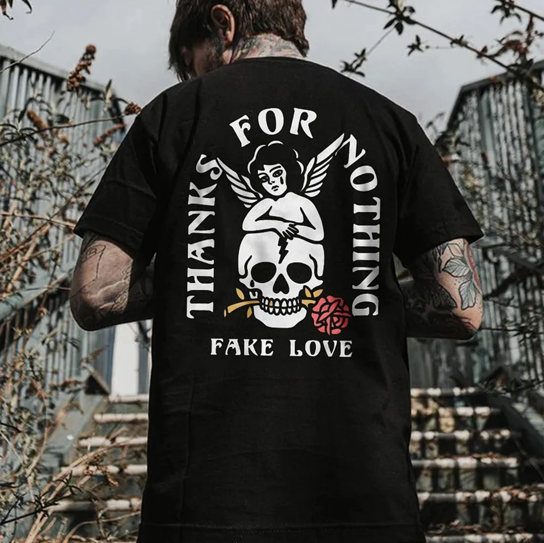 THANKS FOR NOTHING Skull Carrying a Rose Black Print T-shirt