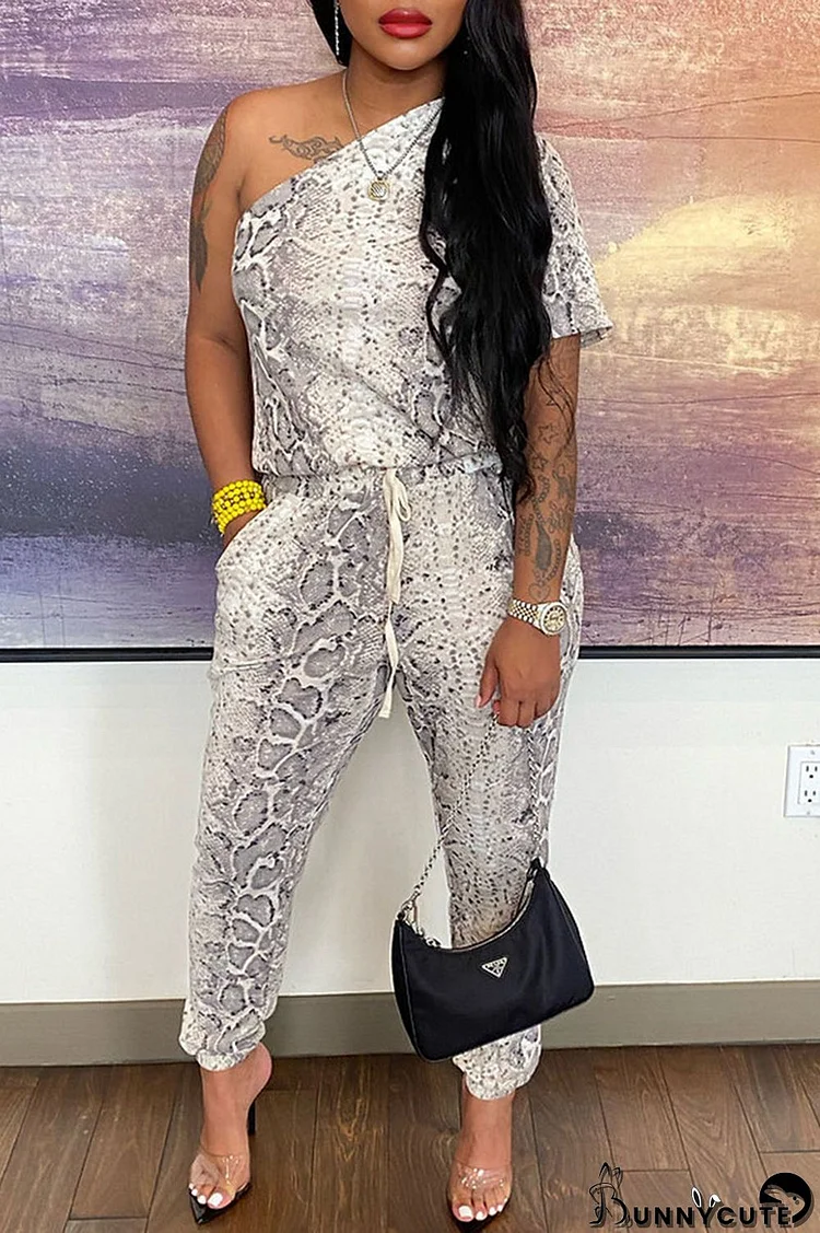 Snake Print Casual Print Split Joint Oblique Collar Regular Jumpsuits