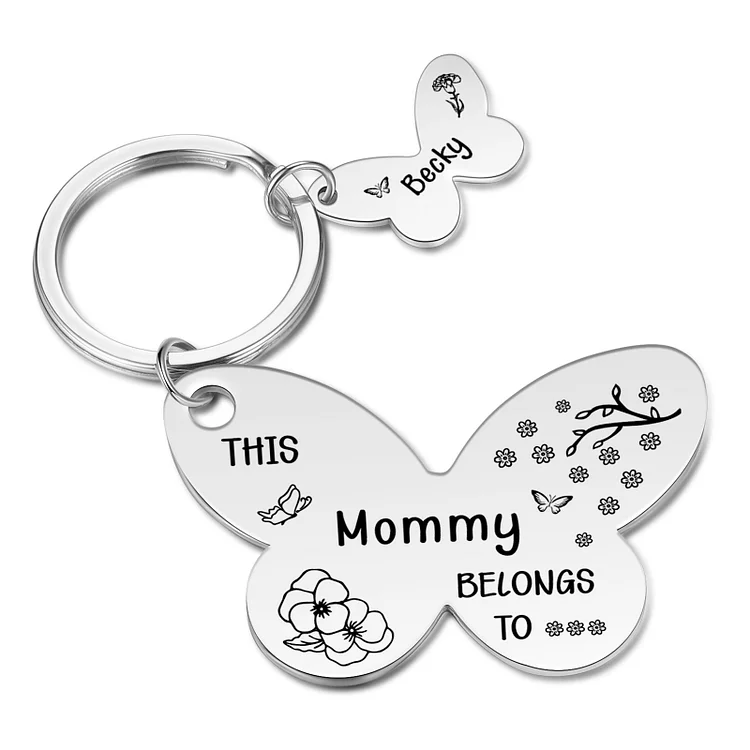 Personalized 1 Name & 1 Birthday Flower & 1 Text Keychain Custom Butterfly Family Keychain Gift for Mother/Grandma