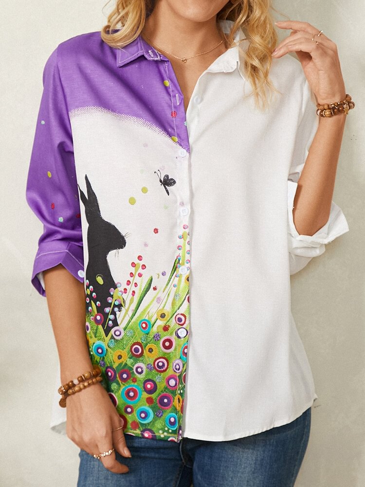 Cartoon Calico Print Long Sleeve Lapel Collar Patchwork Shirt For Women P1814488