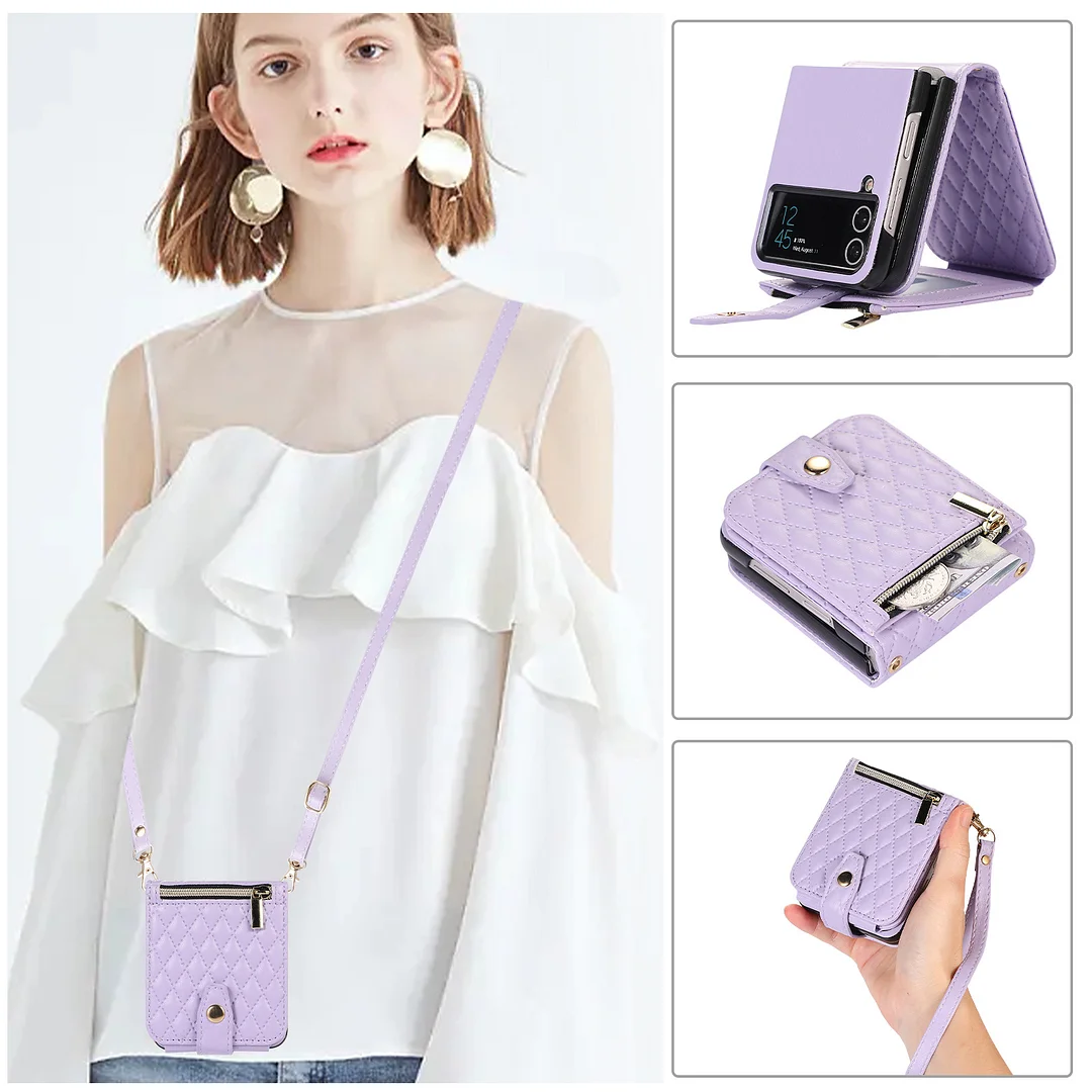 Small Sweet Wind Crossbody Leather Phone Case With Lanyard,Cards Slot And Zipper Slot For Galaxy Z Flip3/Z Flip4