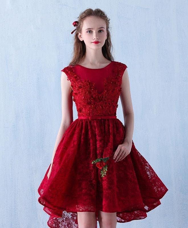 Burgundy Lace Short Prom Dress, Burgundy Lace Homecoming Dress
