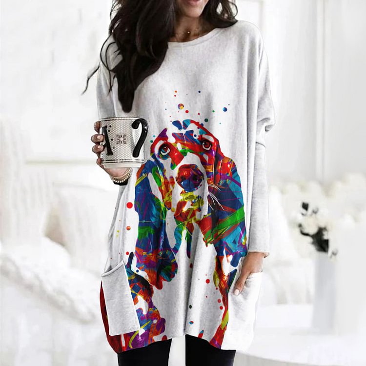 Vefave Dog Print Crew Neck Long Sleeve Tunic
