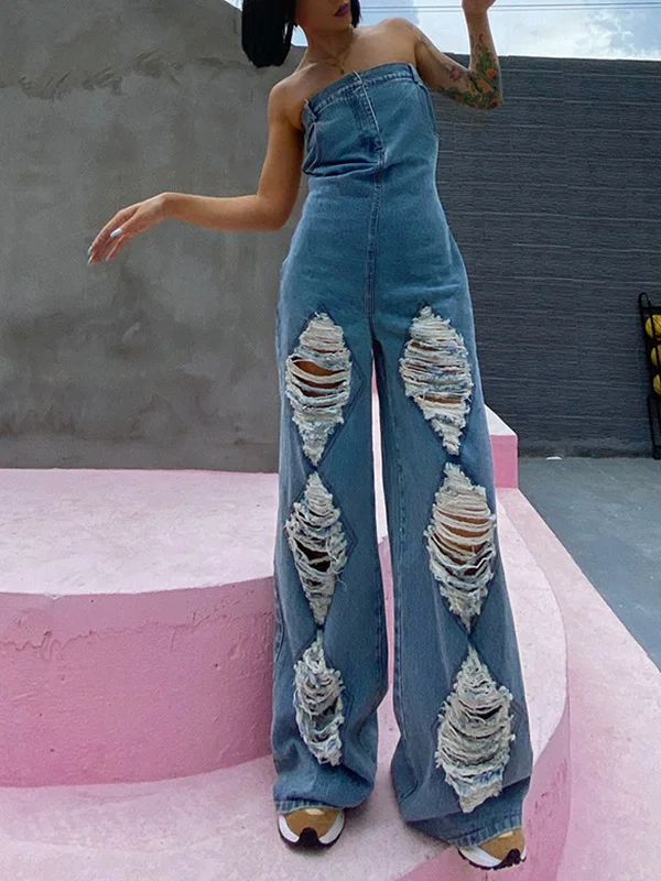 Cool Girl Denim Blue Hole High Waisted Wide Leg Jumpsuits