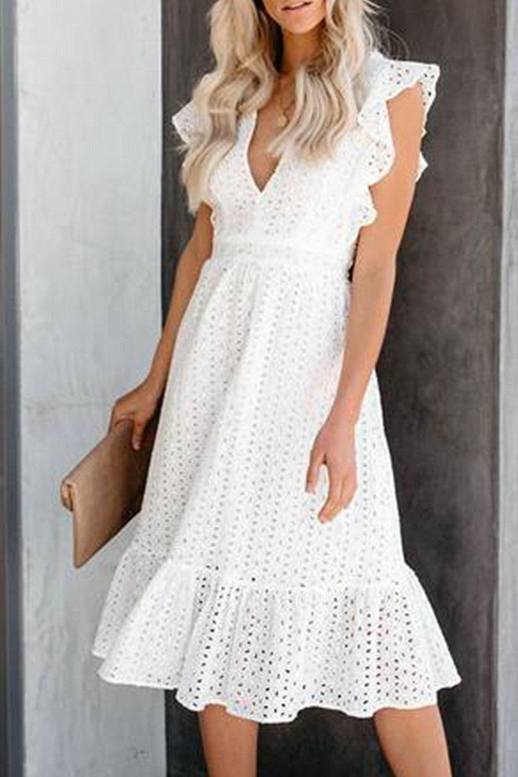 Elegant Solid Hollowed Out Flounce V Neck A Line Dresses - Life is Beautiful for You - SheChoic