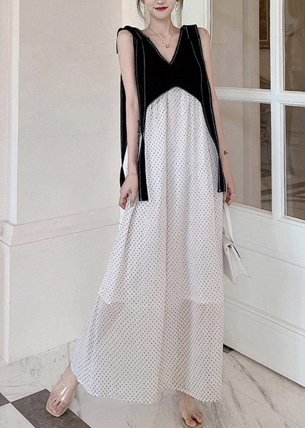 Black Strap White Frill Patchwork Maxi Dress