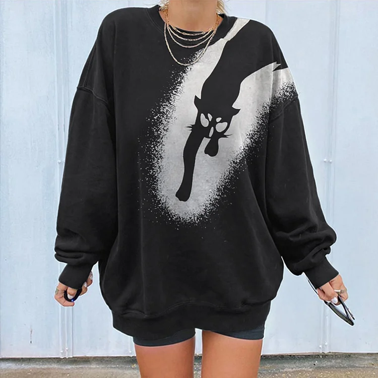 Vefave Long Sleeve Halloween Cat Print Sweatshirt