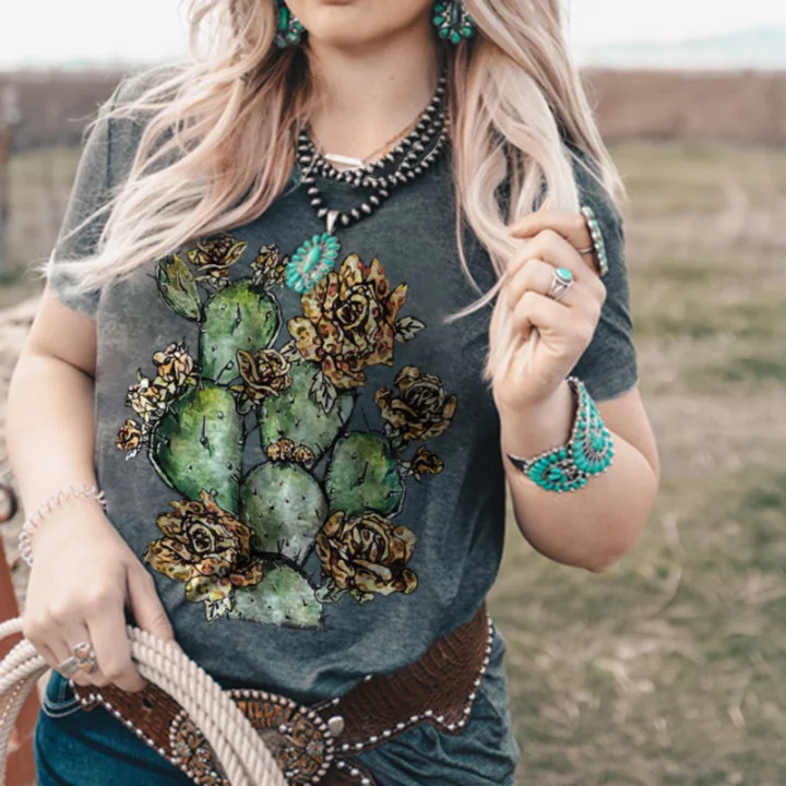 Cactus Flower Graphic Women Casual Loose Tees Designer