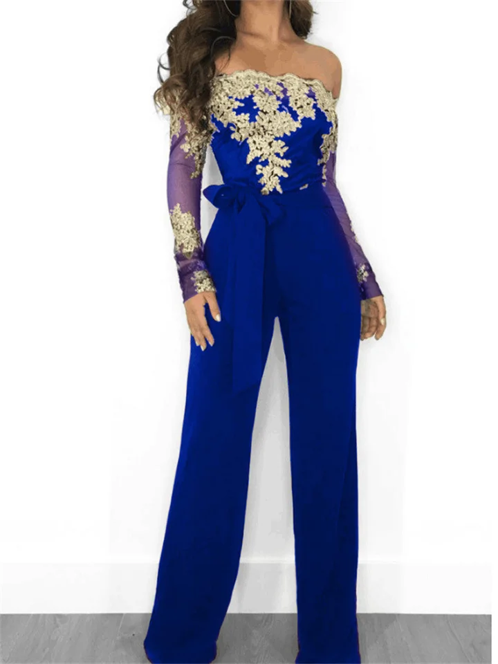 Women's Sexy 2022 Blue Black Wine Jumpsuit Floral Tulle Chiffon Lace / Wide Leg-JRSEE