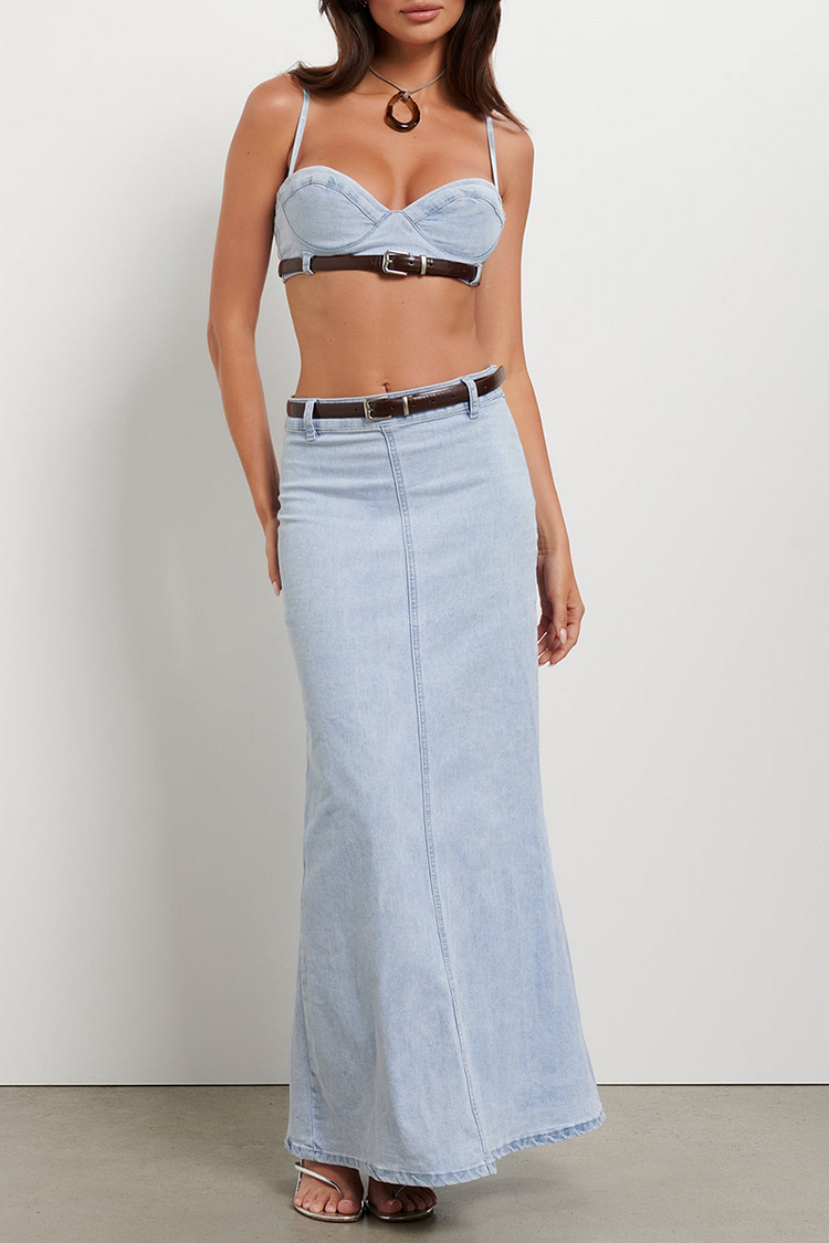 Denim Crop Cami Buckle Belt Fishtail Maxi Skirt Matching Set-Blue [Pre Order]