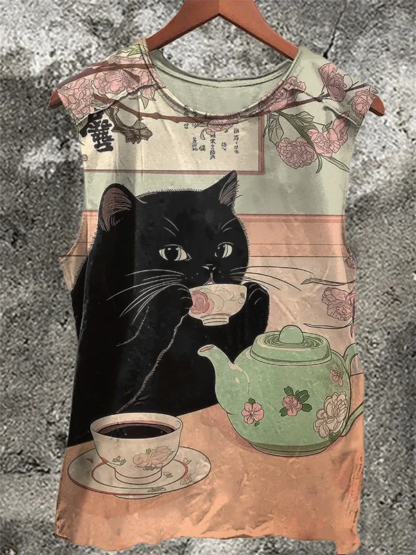 Men's Black Cat Drinks Tea Art Printed Tank Top