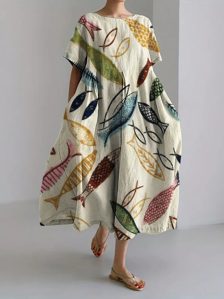 Comstylish Vintage Colorful Fish Lino Art Linen Blend Maxi Dress