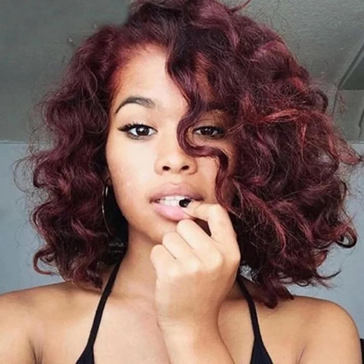 Short Bob Wine Red Centre Parting Water Wave Curly Wig