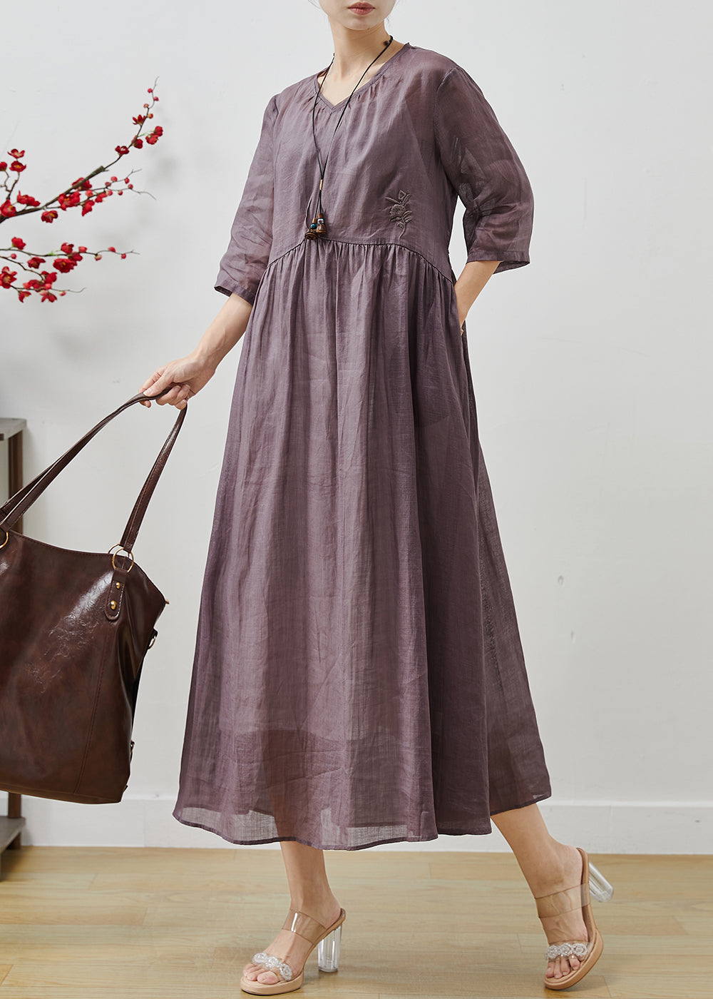 Loose Purple O Neck Wrinkled Linen Long Dress Long Sleeve MN083 main image 0