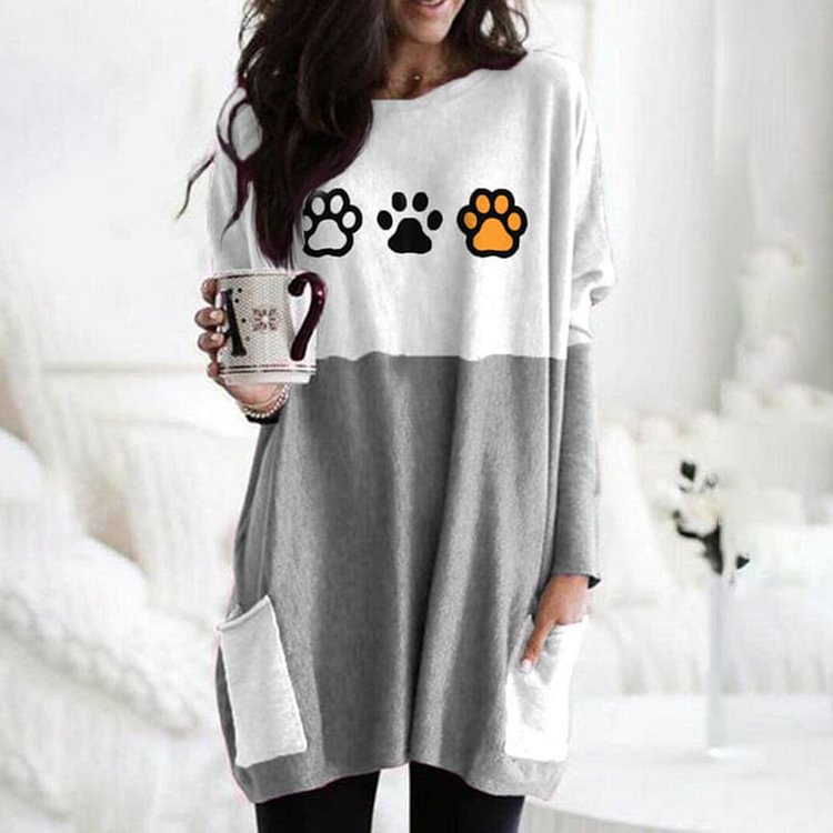 Vefave Dog Paw Print Paneled Crew Neck Tunic