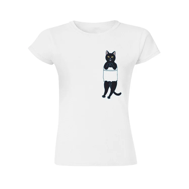 Pocket Black Cat Funny T-Shirt À Col Rond À Manches Courtes Gildan Pour Femme