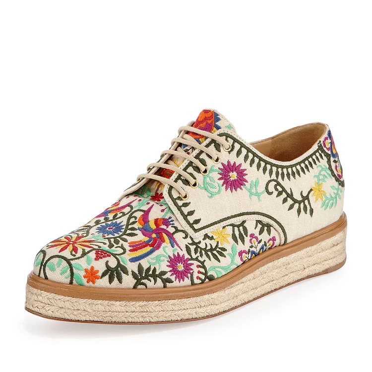 Beige Canvas Lace Up Multicolor Embroidered Platform Shoes for Women |FSJ Shoes