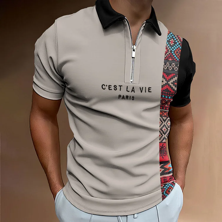 BrosWear Men's C‘est La Vie Letter Ethnic Asymmetric Print Polo Shirt