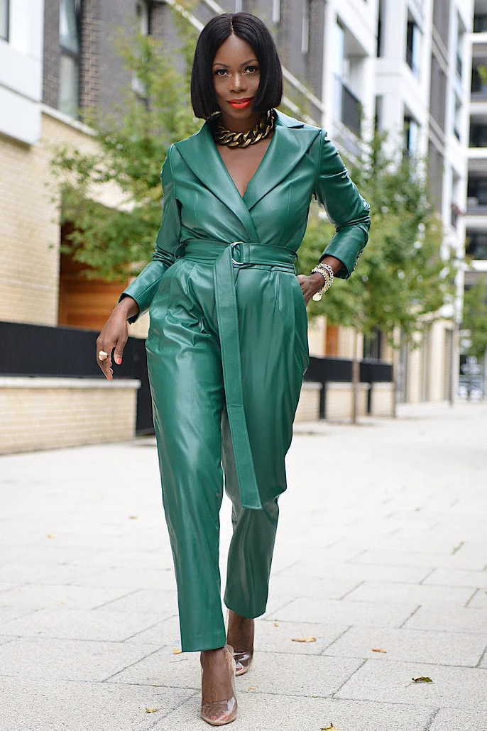 Faux Leather Lapel Straight Leg Jumpsuit With Belt