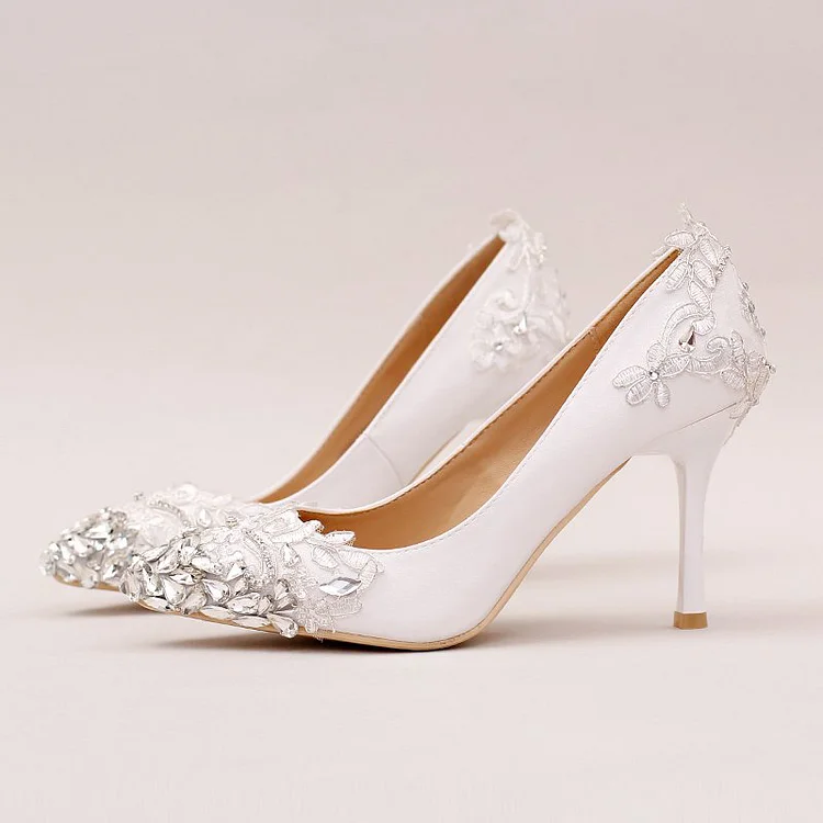 White Lace Bridal Pumps with Satin Rhinestone Pointed Toe Vdcoo
