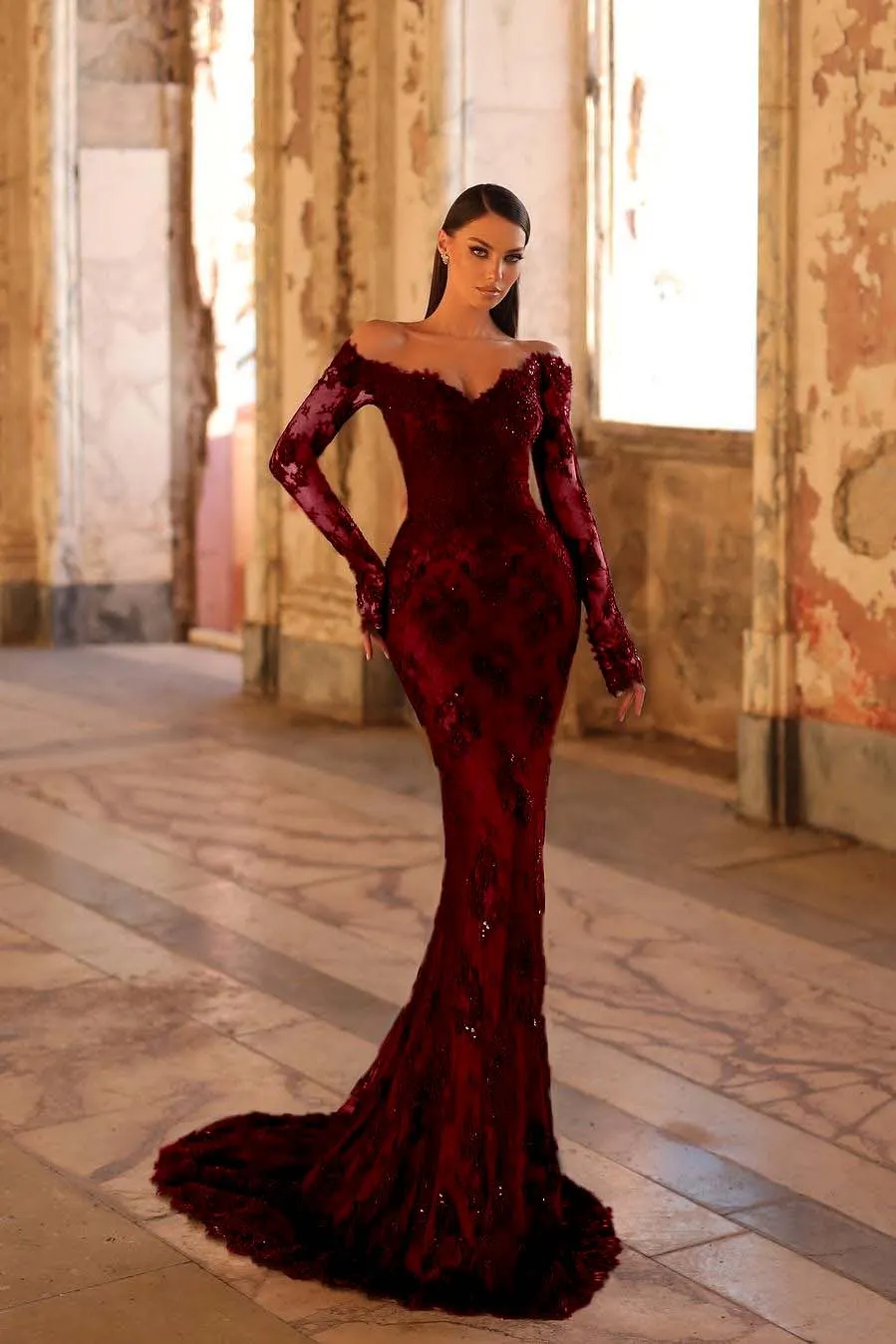 Lussooy Elegant Lace Black Long Sleeves Off the Shoulder Long Mermaid Prom Dress with Beadings
